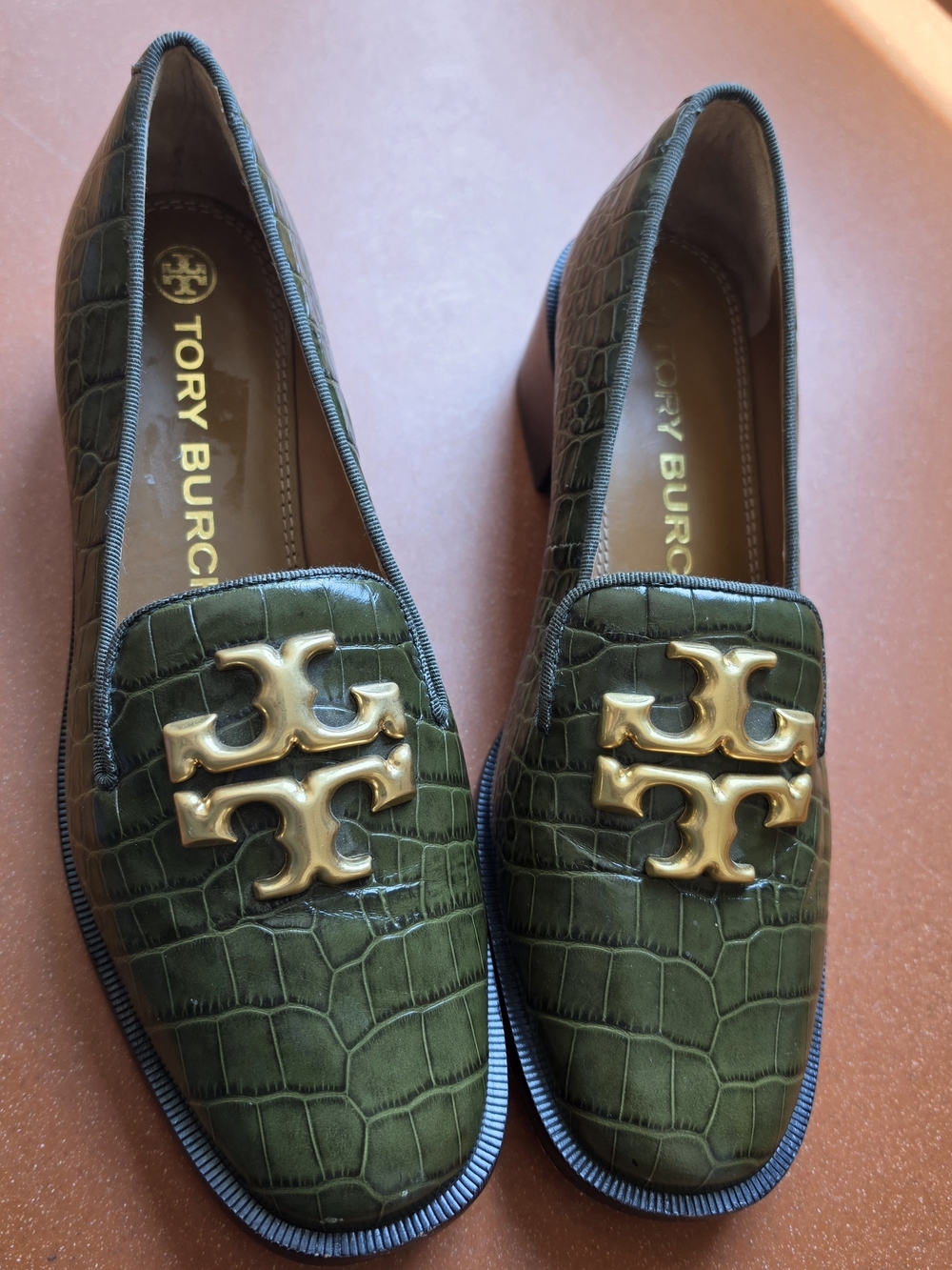 Tory Burch Green Croc-Embossed Gold-Logo Loafers